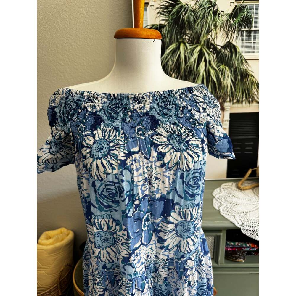 GUADALUPE Design Blue Floral Off-the-Shoulder cotton Maxi Resort Dress. S/M - Picture 2 of 5